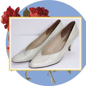 Vintage Amalfi Leather Cream Snakeskin NARROW Metallic Silver Pumps Heels